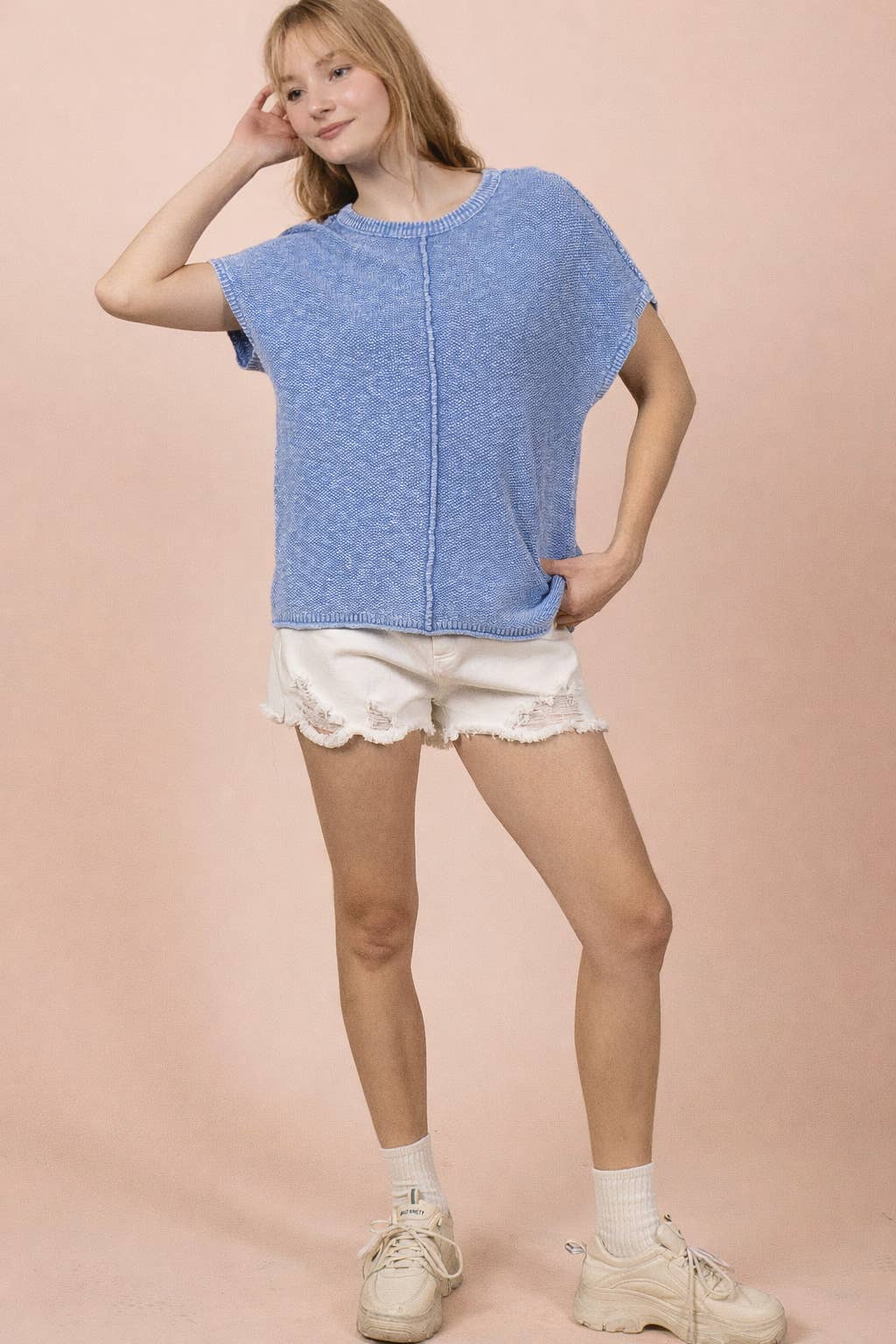 12W3342N-Mineral Washed Knit Casual Sweater Top