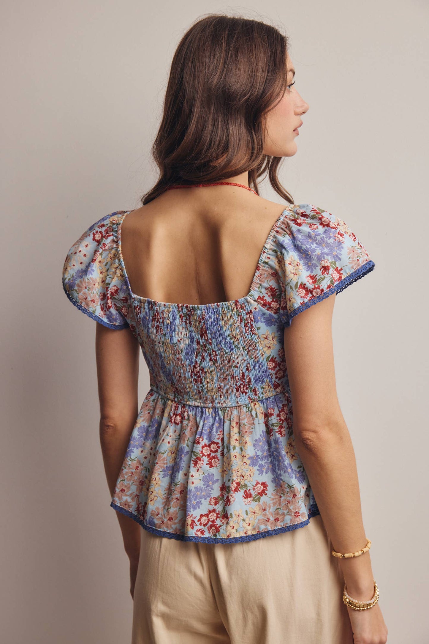 Floral Ruched Peplum Cotton Top FT0046