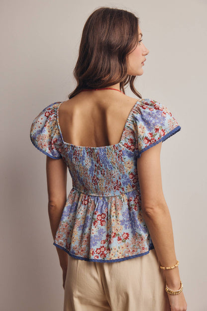 Floral Ruched Peplum Cotton Top FT0046
