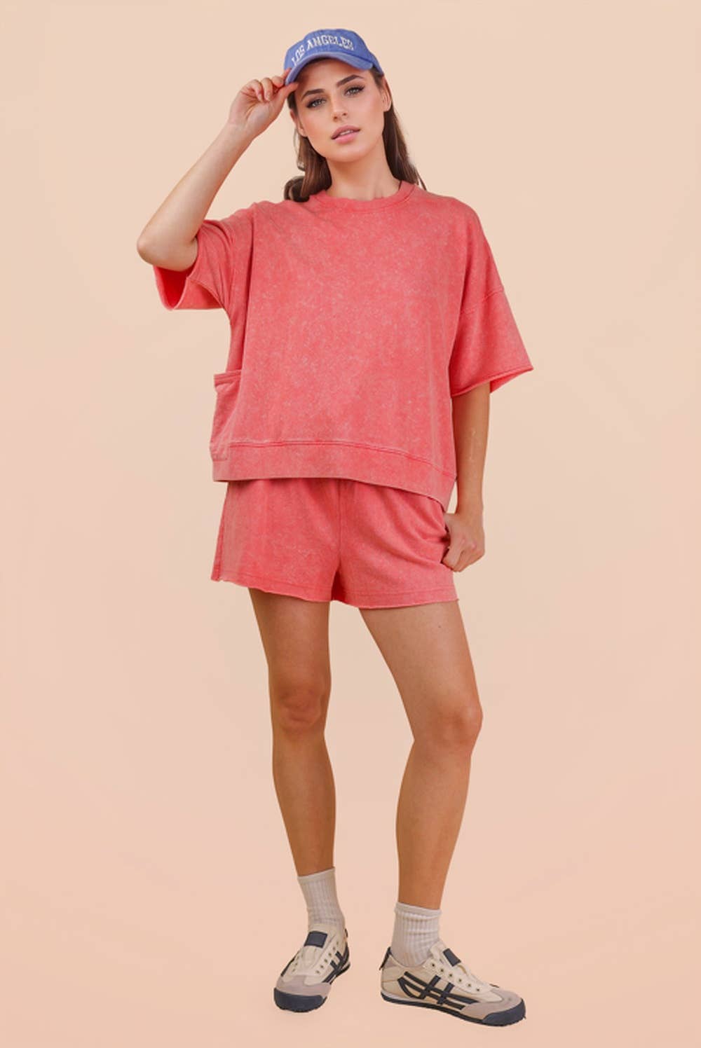 NT12429SET-Mineral Washed Knit Casual Top & Shorts