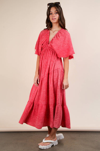 ND31584-Mineral Washed Elastic Neck Detail Midi Dress
