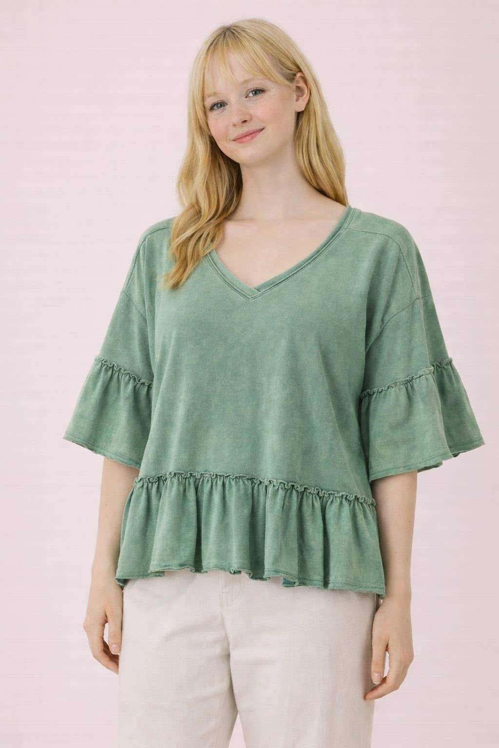NT12430-Mineral Washed Ruffle Detail Knit Top