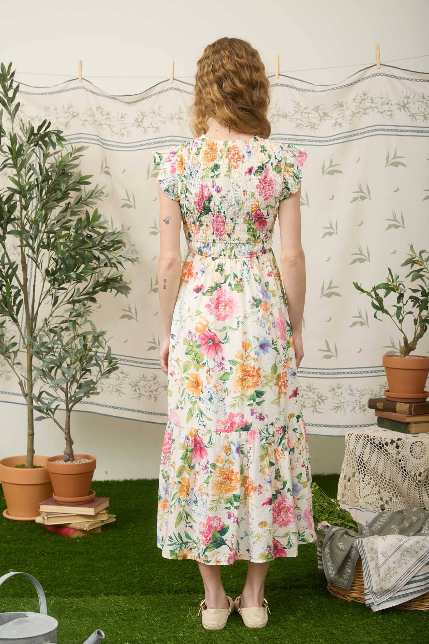 MULTI-COLOR FLORAL V NECK SMOCKED MIDI DRESS