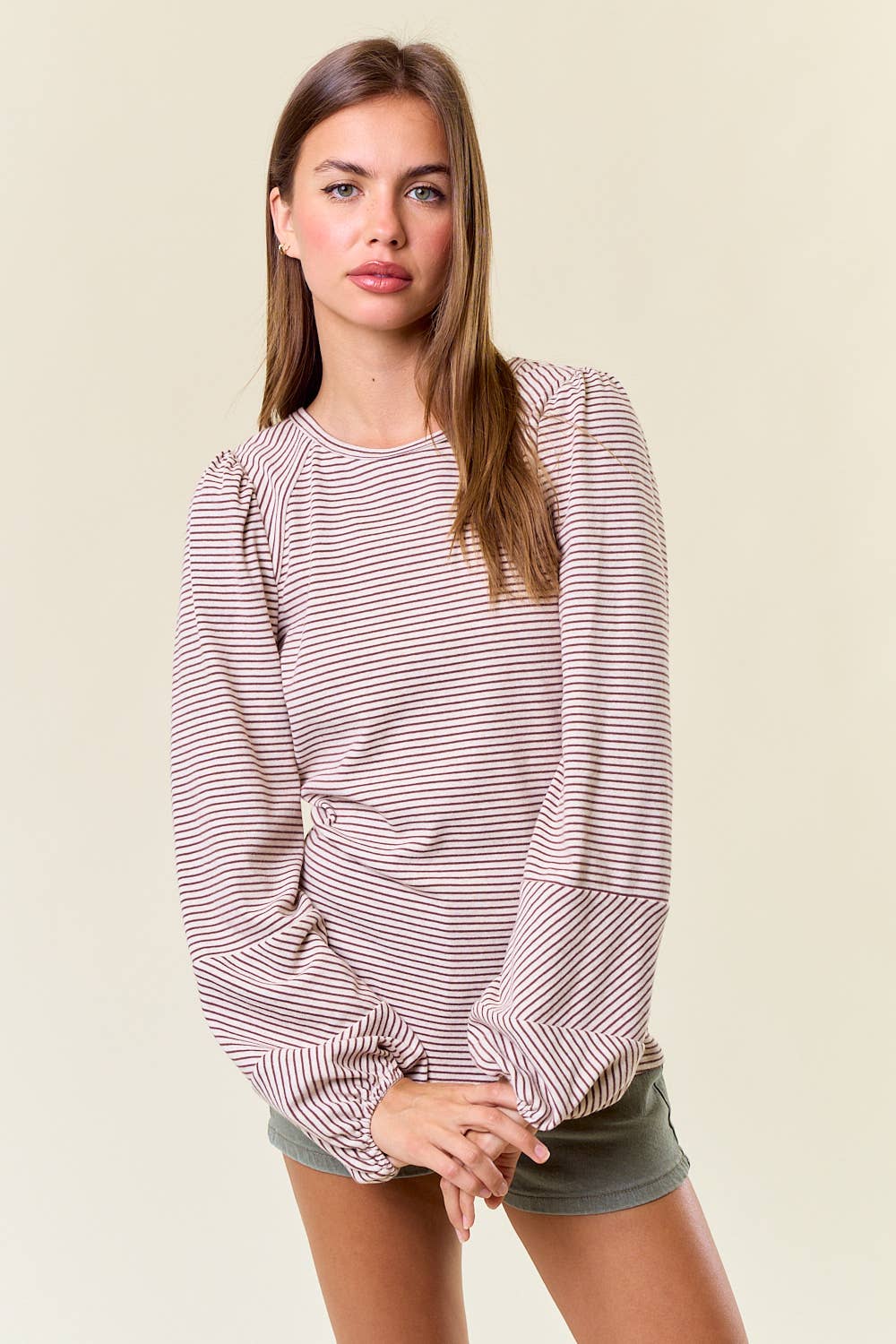 Round Neck Bubble Long Sleeve Striped Top