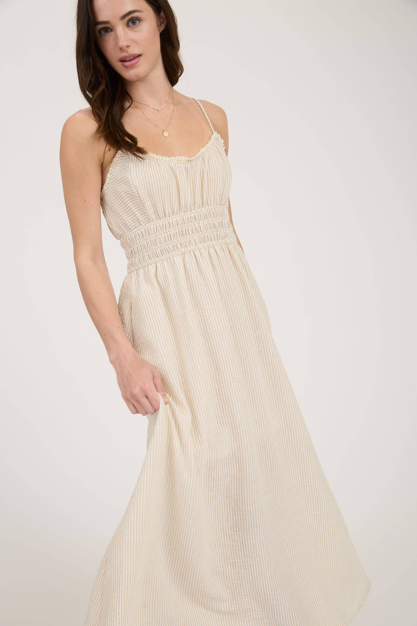 STRIPE LACE TRIM SPAGHETTI STRAP MIDI DRESS