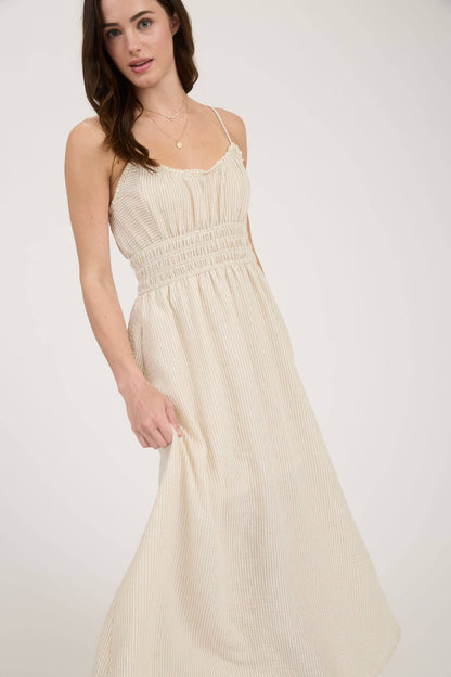 STRIPE LACE TRIM SPAGHETTI STRAP MIDI DRESS