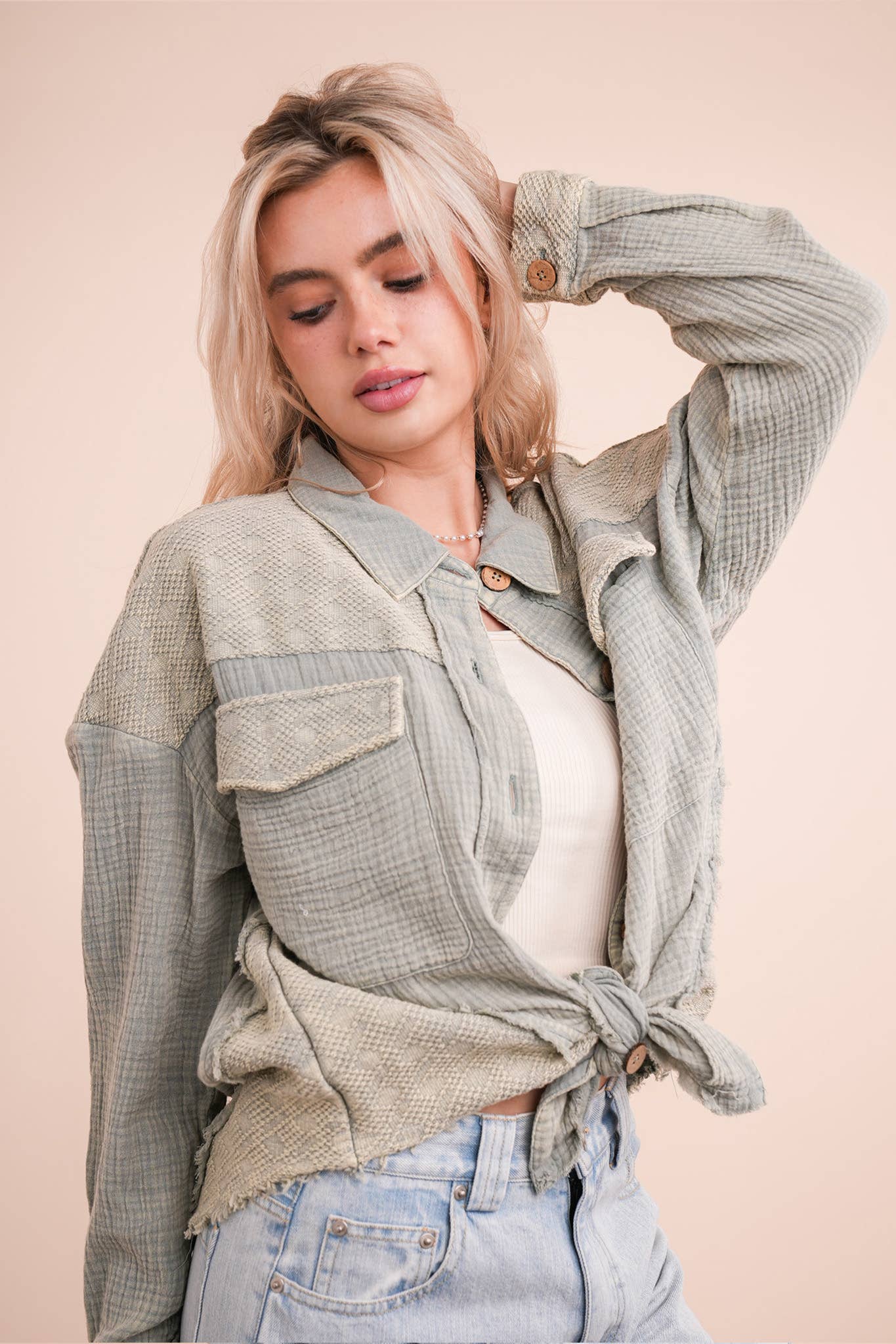 NJ90360-Mineral Washed Oversized Gauze Shacket Jacket