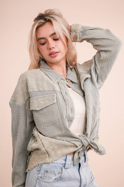 NJ90360-Mineral Washed Oversized Gauze Shacket Jacket