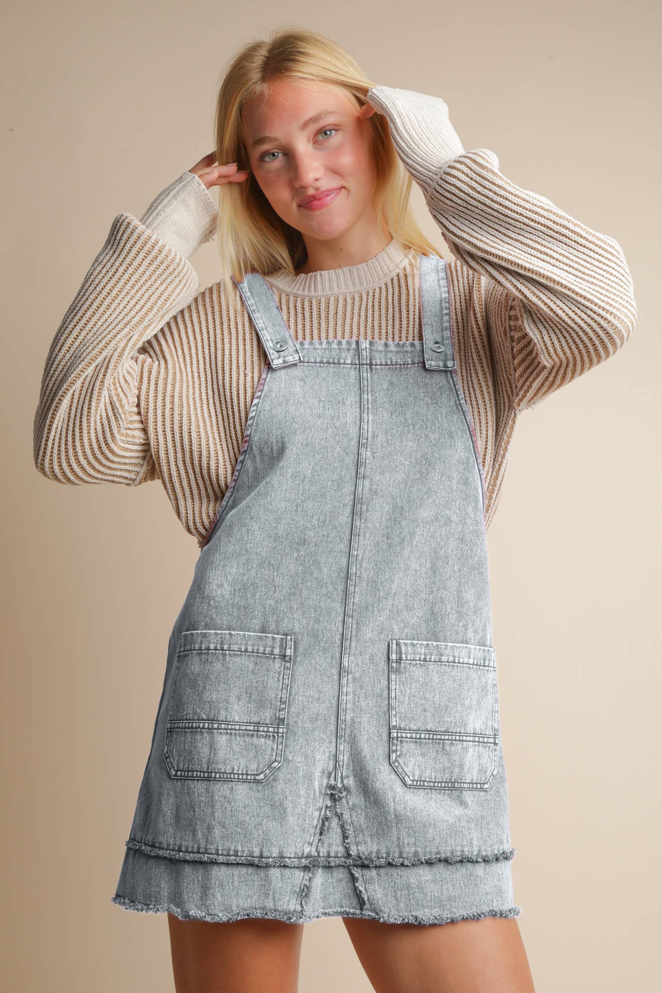 ND31791-Washed Denim Overall Mini Dress