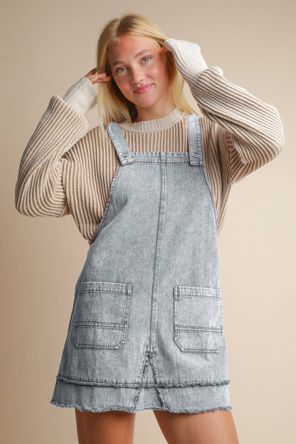 ND31791-Washed Denim Overall Mini Dress