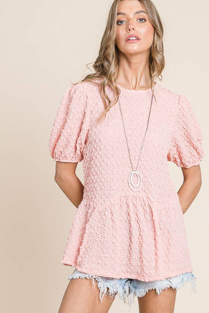 Solid Bubble Textured Short Sleeve Peplum Blouse