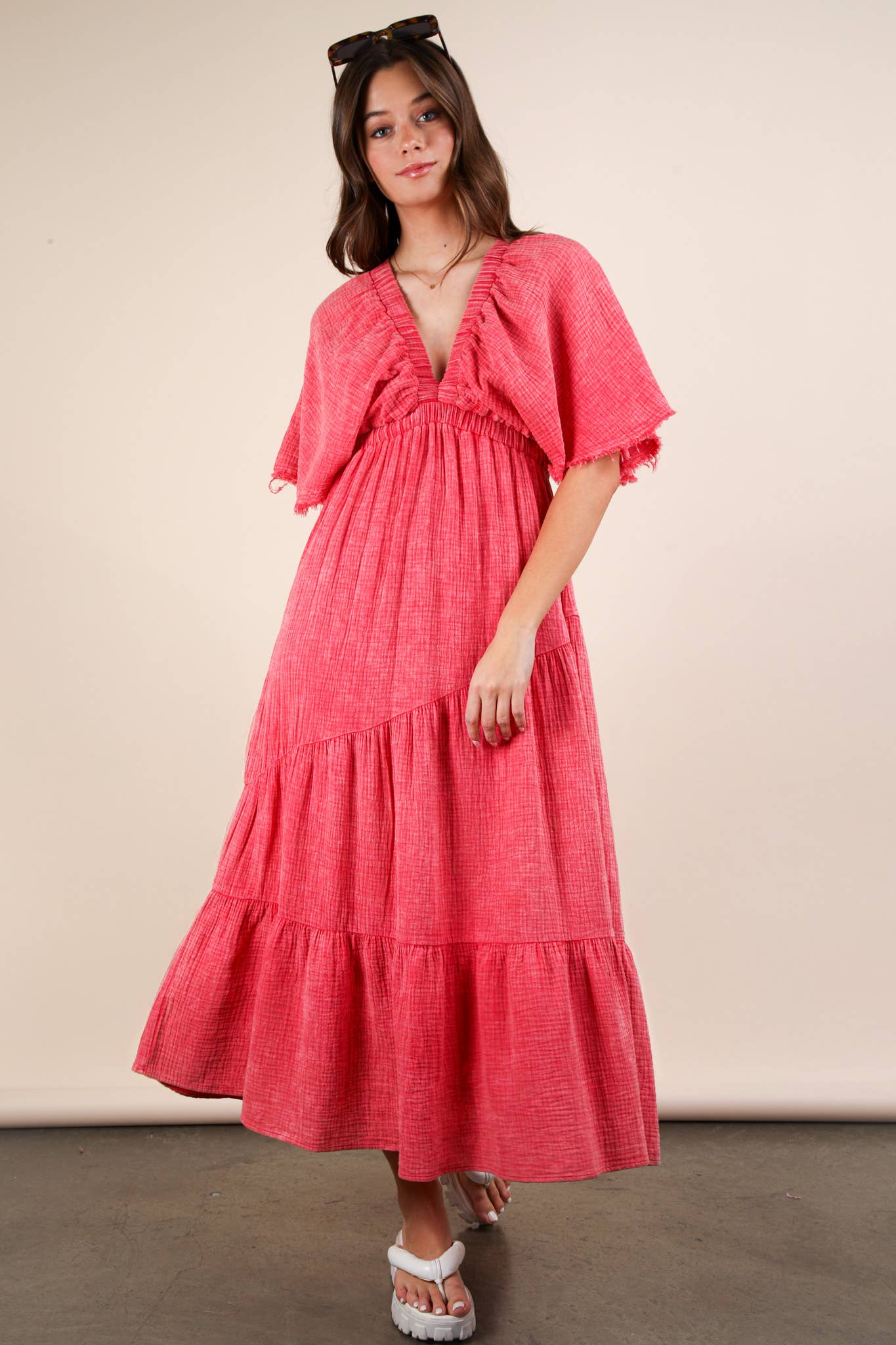 ND31584-Mineral Washed Elastic Neck Detail Midi Dress
