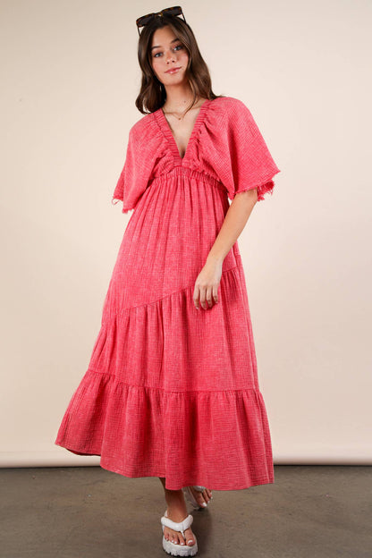 ND31584-Mineral Washed Elastic Neck Detail Midi Dress