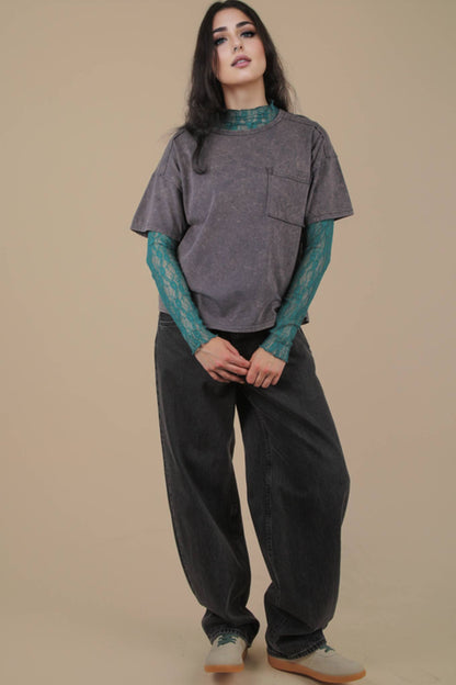 Mineral Washed Knit Top with Pocket white