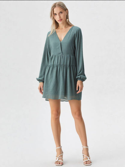 ND30996-Textured Woven Mini Dress W/ Back Tie