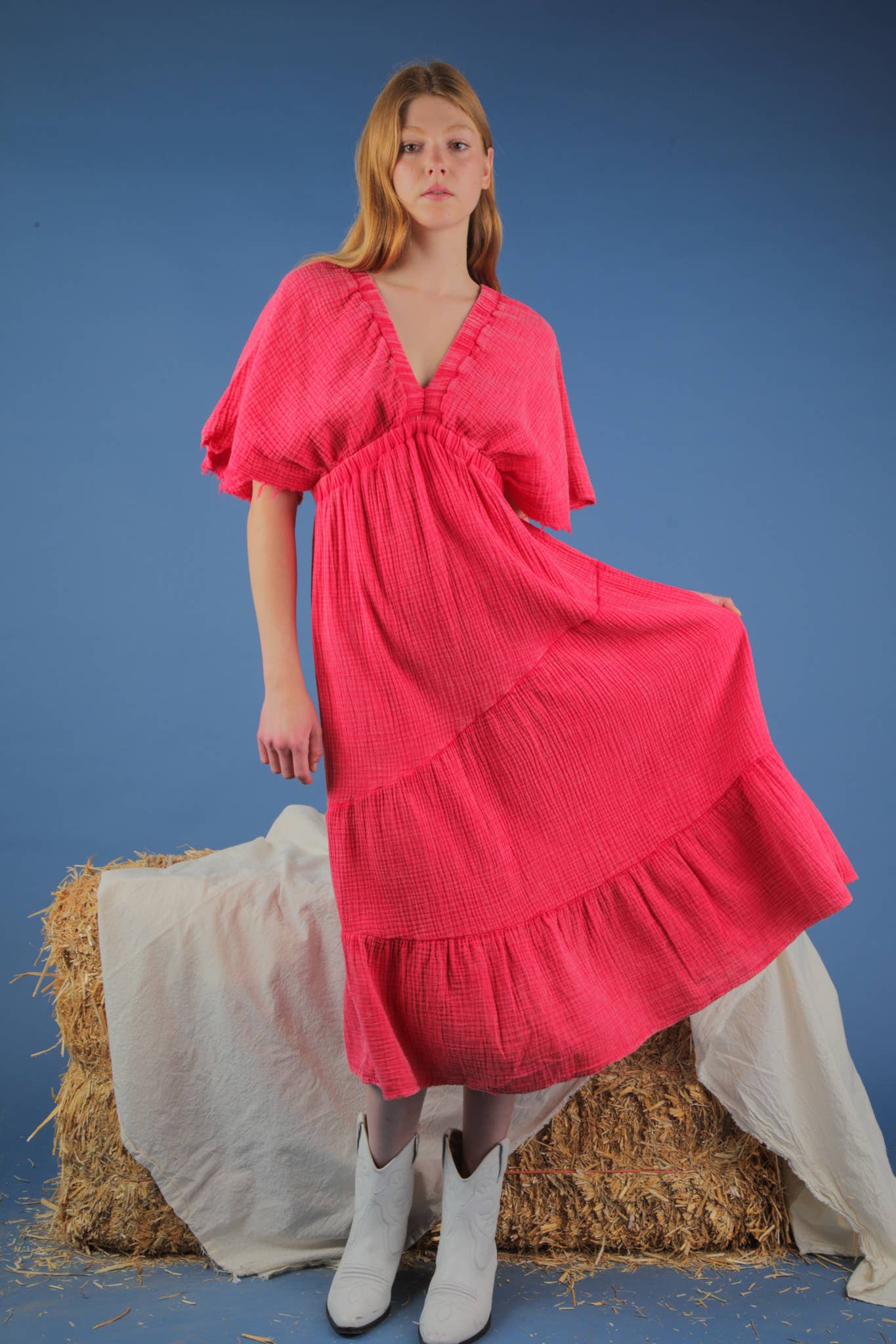 ND31584-Mineral Washed Elastic Neck Detail Midi Dress