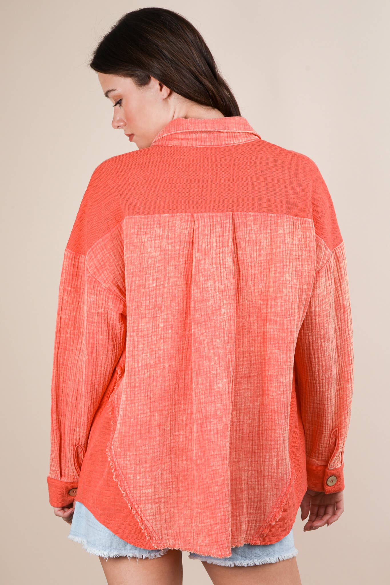 NJ90360-Mineral Washed Oversized Gauze Shacket Jacket