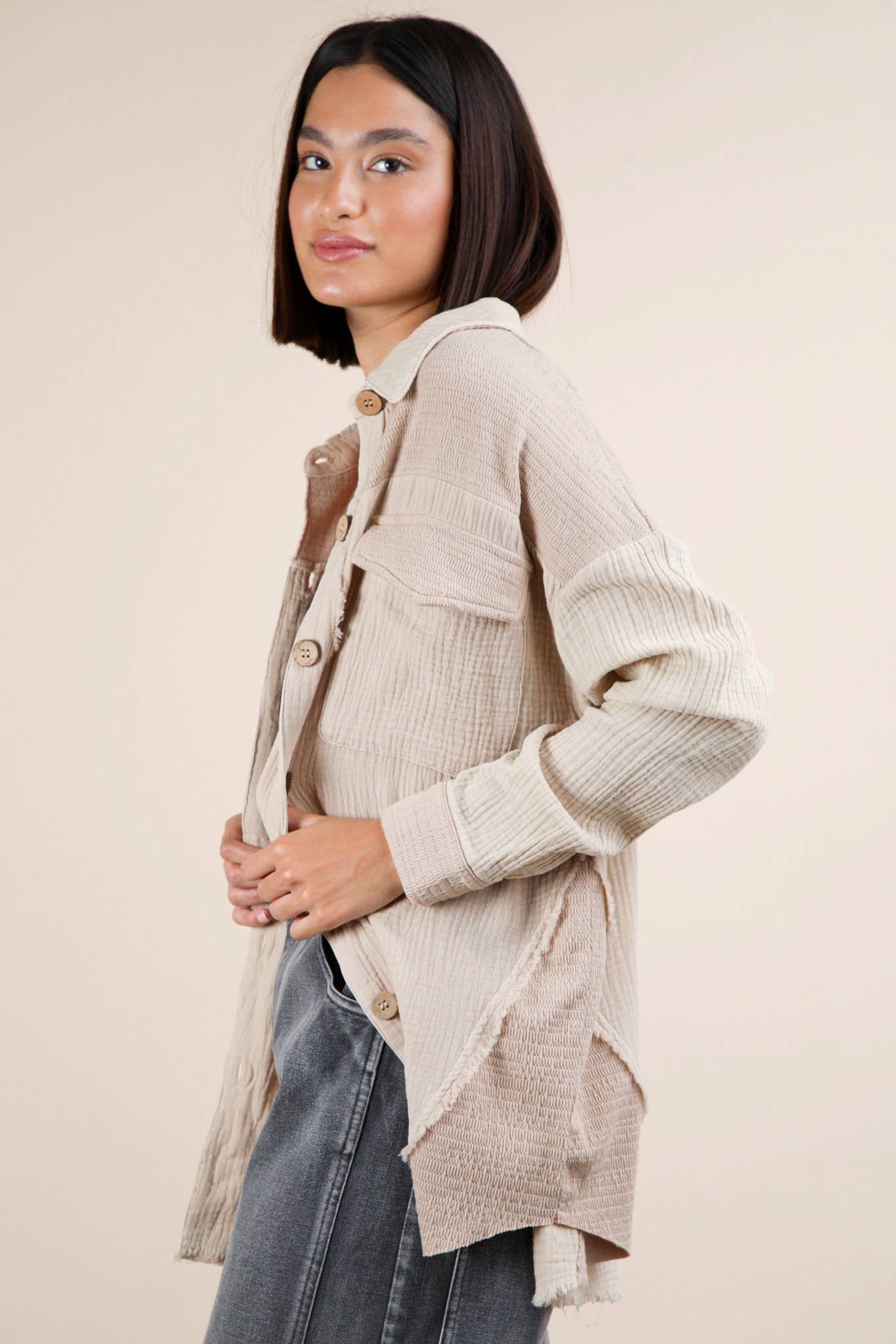 NJ90360-Mineral Washed Oversized Gauze Shacket Jacket