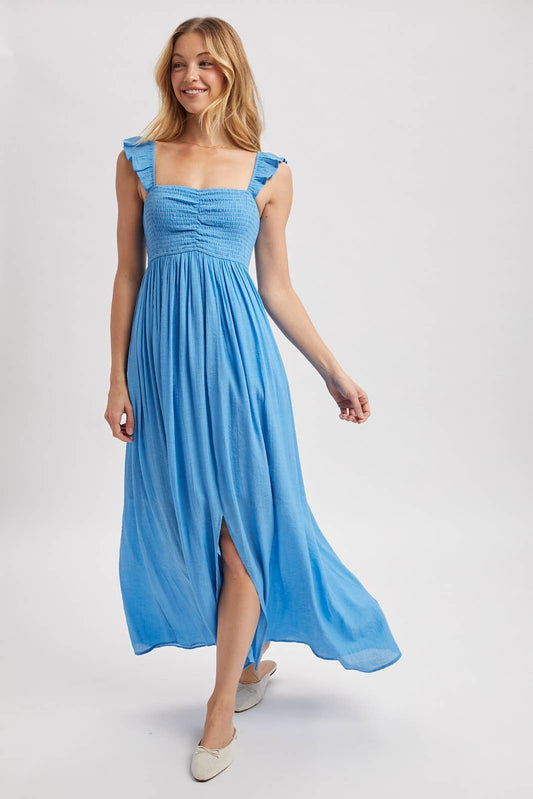 RUFFLE SLEEVE FRONT SLIT MAXI DRESS