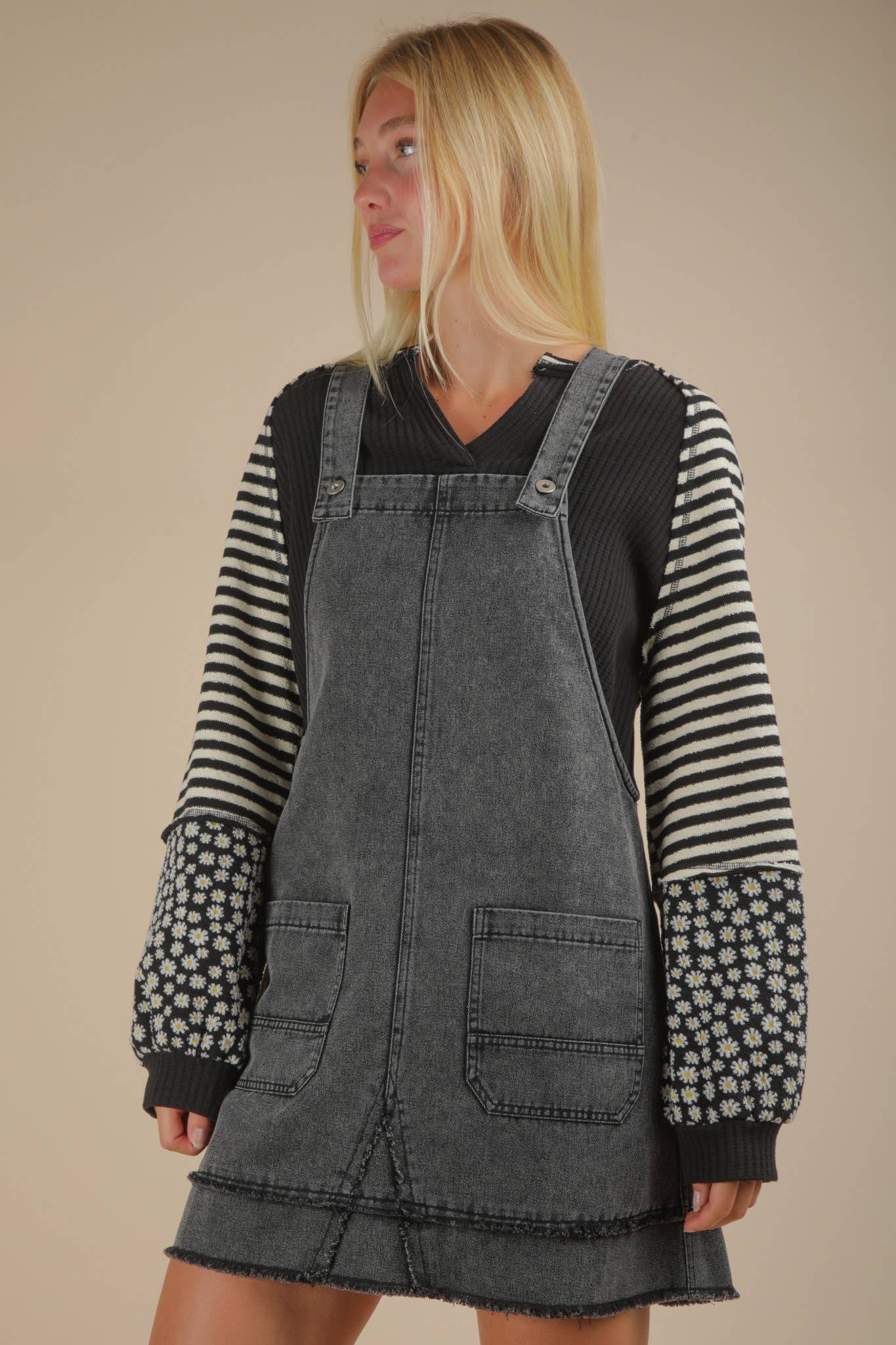 ND31791-Washed Denim Overall Mini Dress