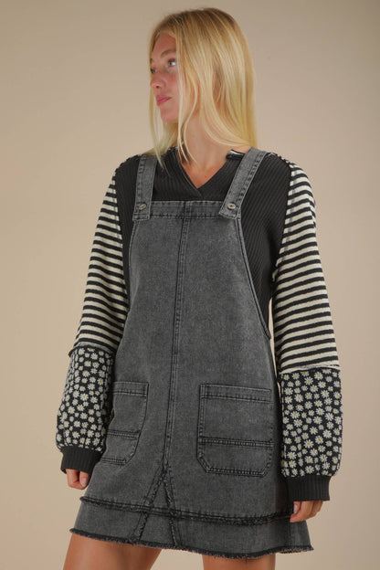 ND31791-Washed Denim Overall Mini Dress