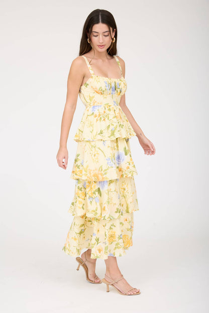 FLORAL SLEEVELESS RUFFLE TIERED SKIRT MIDI DRESS