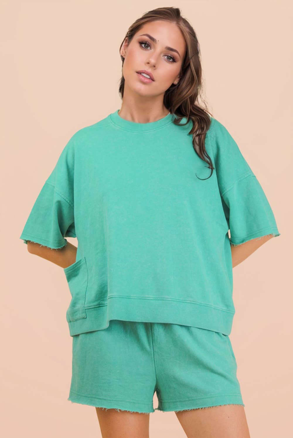 NT12429SET-Mineral Washed Knit Casual Top & Shorts