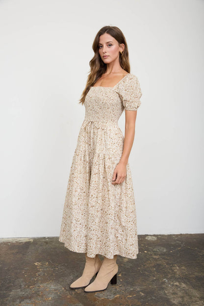 FLORAL SMOCKED SQUARE NECK PUFF SLEEVE MIDI DRESS