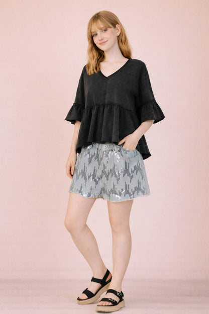 NT12430-Mineral Washed Ruffle Detail Knit Top