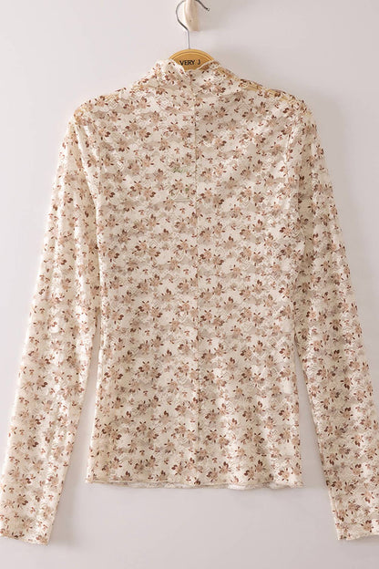 NT12220-High Neck Fitted Sheer Mesh Lace Knit Top