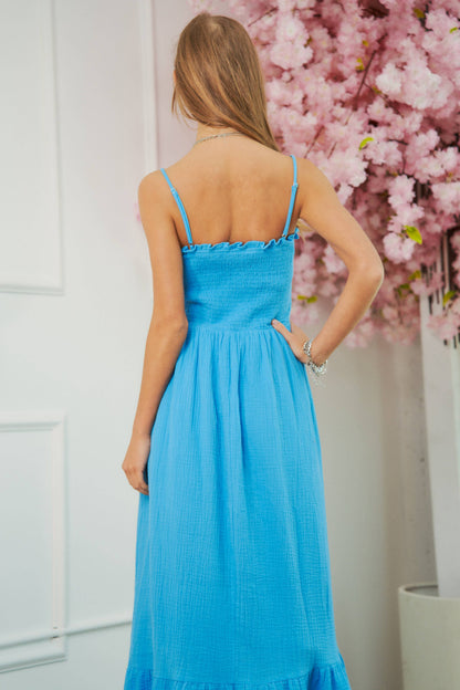 SMOCKING BODICE SPAGETTI STRAPS MAXI SUN DRESS