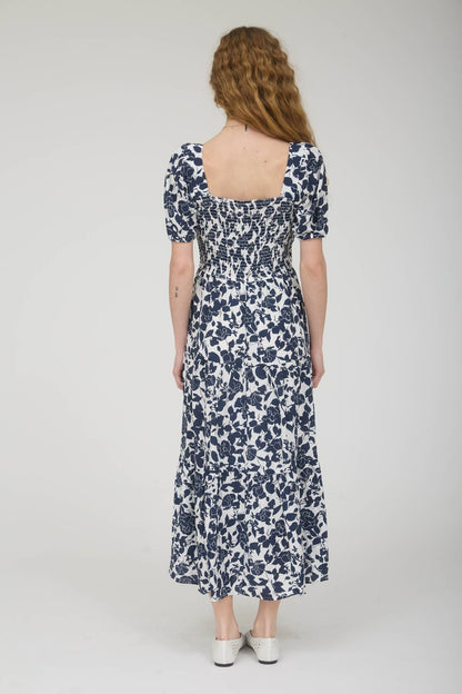FLORAL PUFF SLEEVE SMOCKED TIERED MIDI DRESS