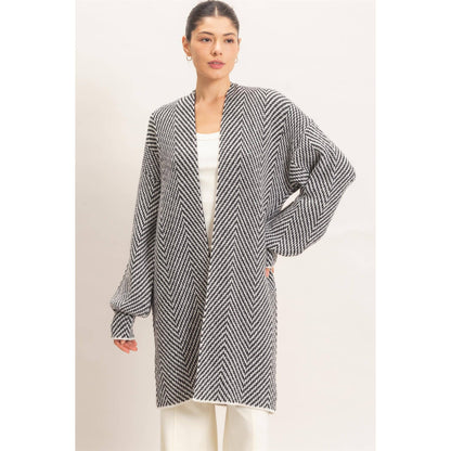 Herringbone Pattern Open-Front Cardigan