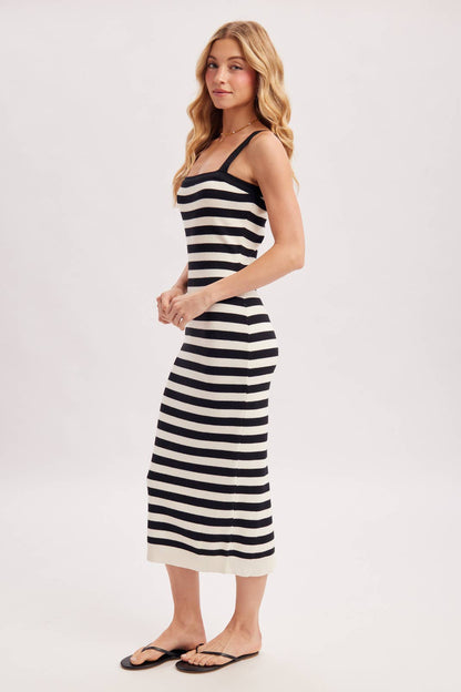 STRIPED SQUARE NECK SLEEVELESS KNIT MIDI DRESS