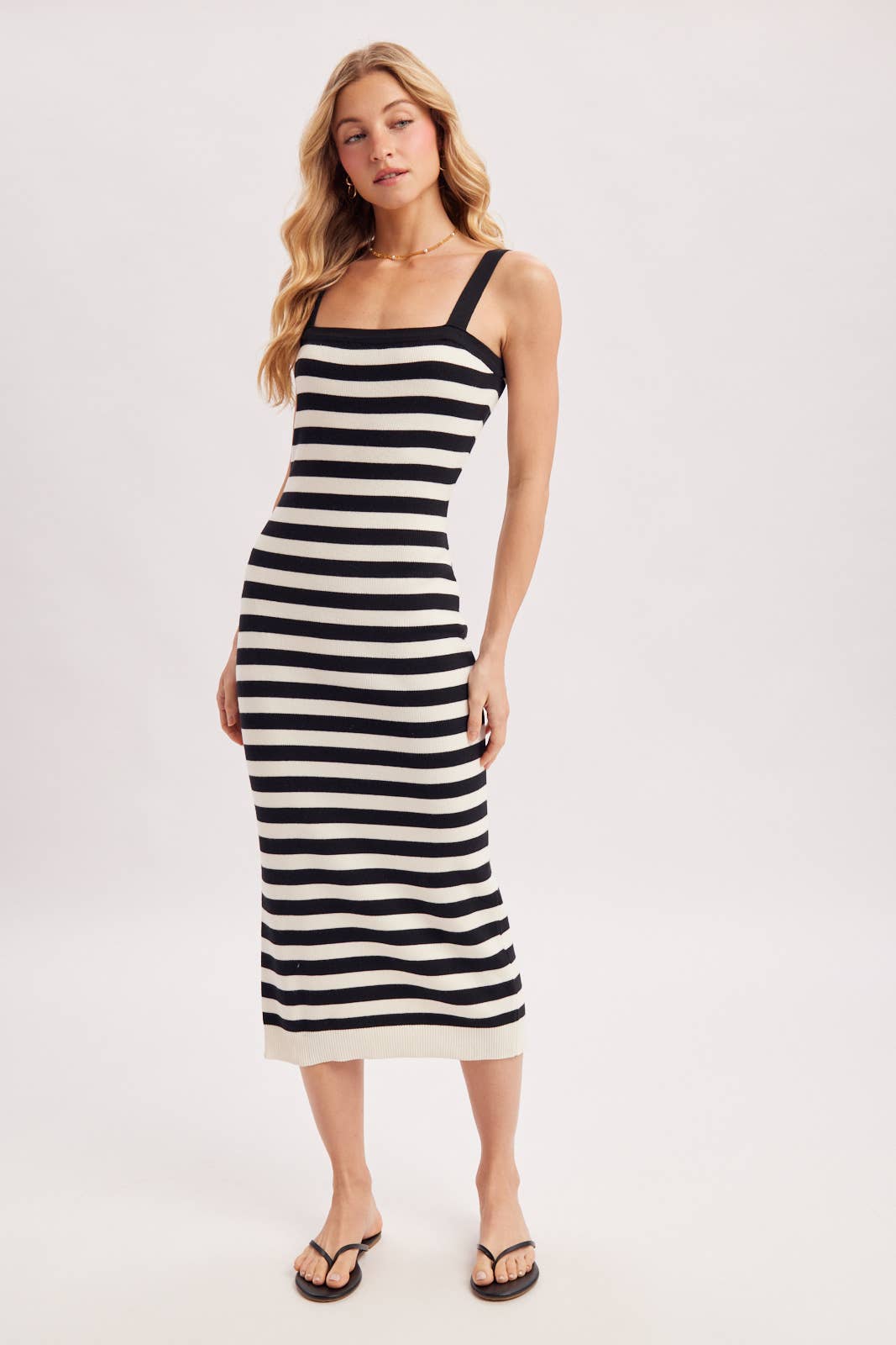 STRIPED SQUARE NECK SLEEVELESS KNIT MIDI DRESS