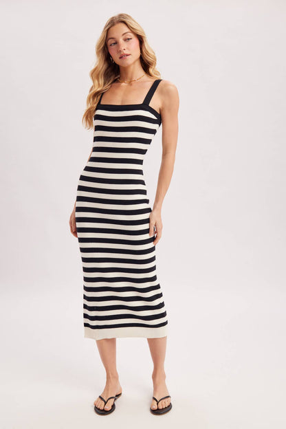 STRIPED SQUARE NECK SLEEVELESS KNIT MIDI DRESS
