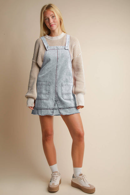 ND31791-Washed Denim Overall Mini Dress