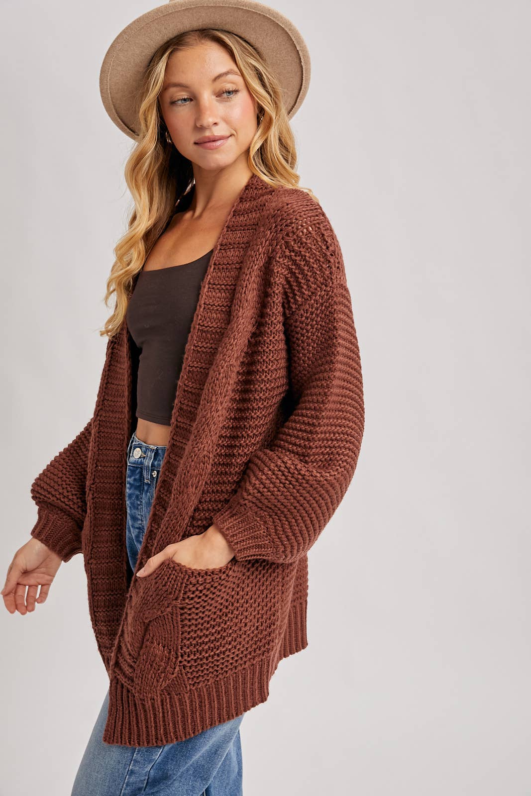 CHUNKY CABLE LANTERN SLEEVE CARDIGAN