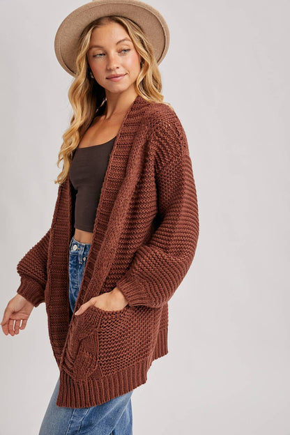 CHUNKY CABLE LANTERN SLEEVE CARDIGAN