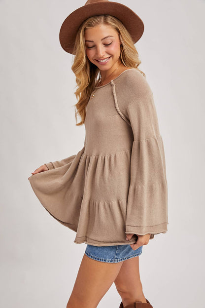 OVER STITCH TIERED BABY DOLL BELL SLEEVED SWEATER