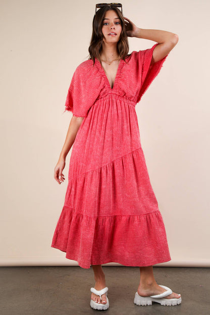 ND31584-Mineral Washed Elastic Neck Detail Midi Dress
