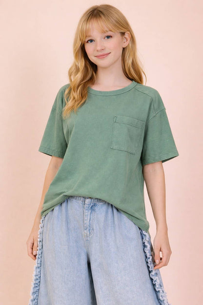 NT11108-Mineral Washed Knit Top with Pocket