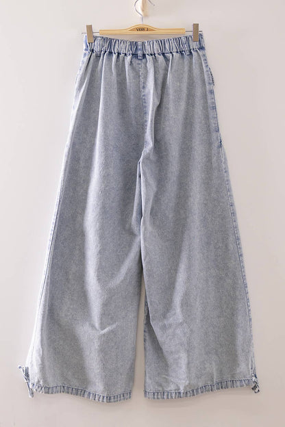 NP71154-Washed Denim Flap Pocket Wide Leg Pants
