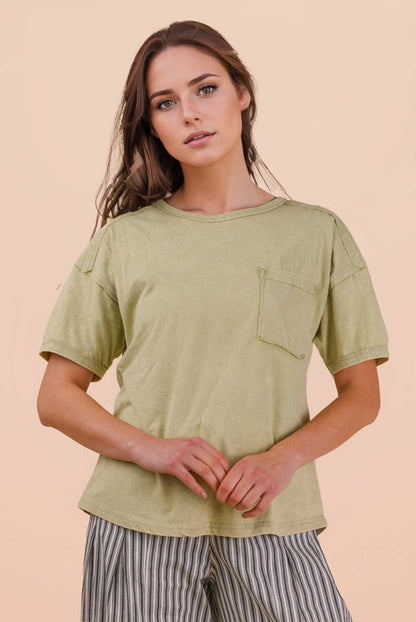 NT11108-Mineral Washed Knit Top with Pocket