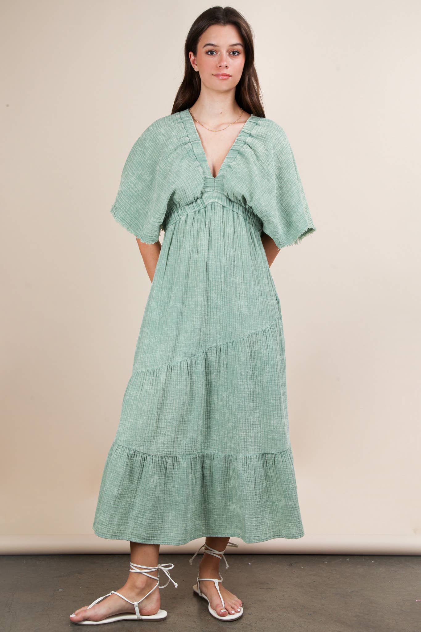 ND31584-Mineral Washed Elastic Neck Detail Midi Dress