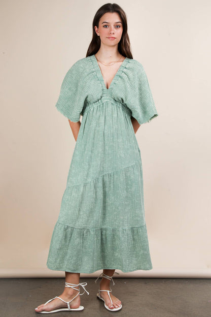 ND31584-Mineral Washed Elastic Neck Detail Midi Dress