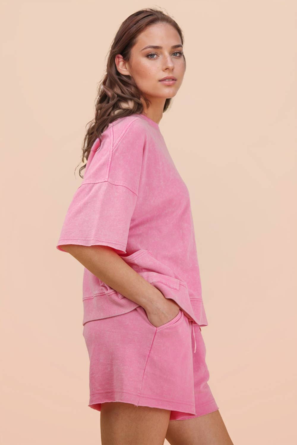 NT12429SET-Mineral Washed Knit Casual Top & Shorts