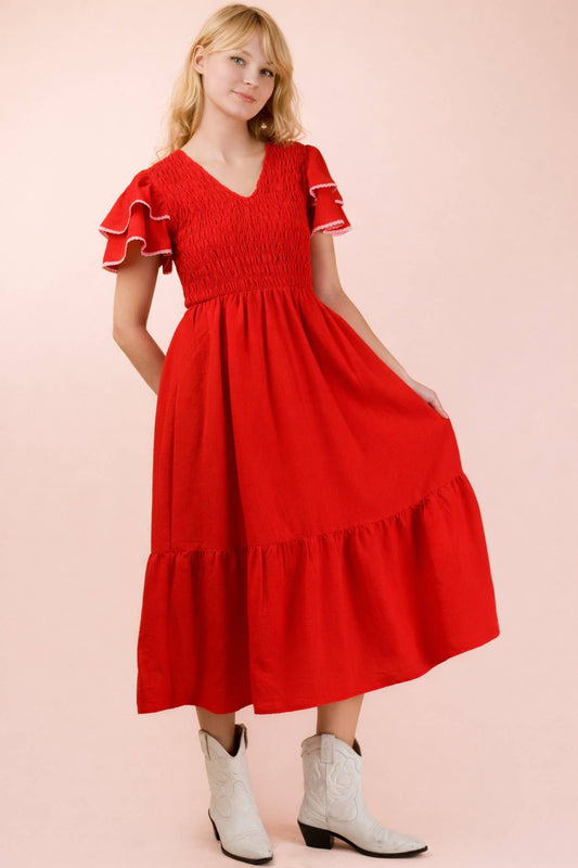Smocking Torso Ruffle Sleeve Midi Dress