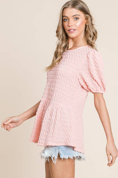 Solid Bubble Textured Short Sleeve Peplum Blouse