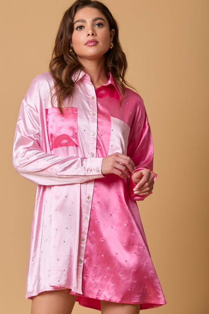 Satin Rhinestone Embellished Shirt Dress